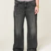 Adjustable Waist Low-Rise Washed Black Baggy Jeans