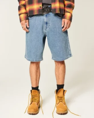 Baggy Embroidered Logo Denim Shorts