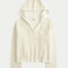 Beachy Crochet-Style Hooded V-Neck Sweater