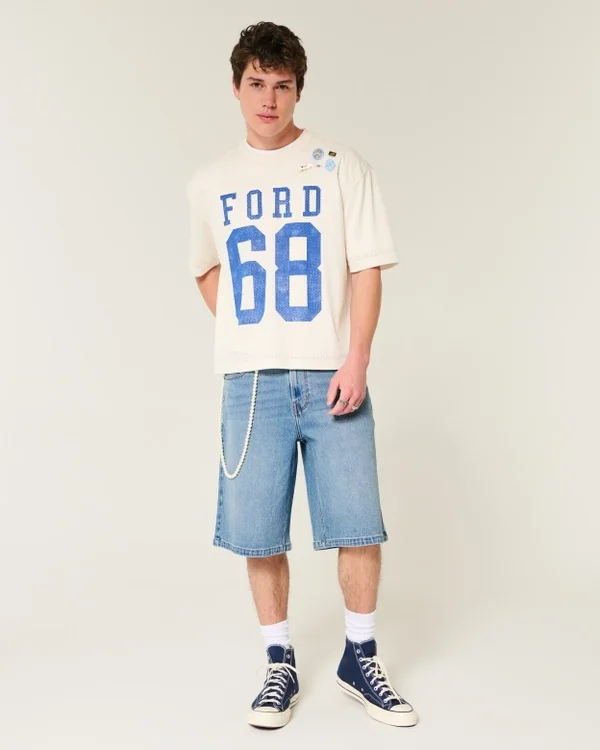 Below-the-Knee Medium Wash Super Baggy Denim Shorts Below-the-Knee Medium Wash Super Baggy Denim Shorts