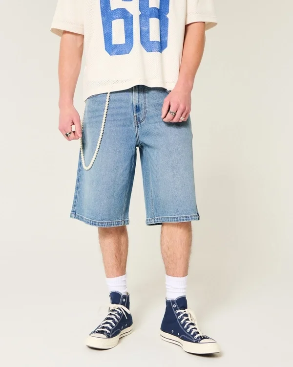 Below-the-Knee Medium Wash Super Baggy Denim Shorts Below-the-Knee Medium Wash Super Baggy Denim Shorts
