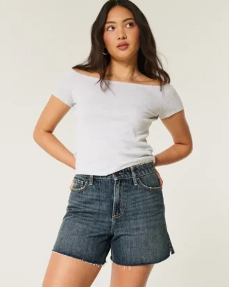 Curvy High-Rise Dark Wash Relaxed Denim Shorts 5″