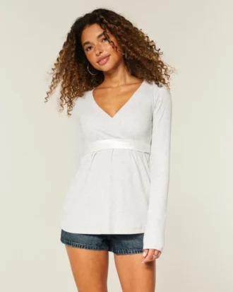 Easy Long-Sleeve Wrap-Front Babydoll Top
