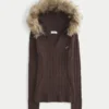 Faux Fur Trim Hooded Cable-Knit Sweater Faux Fur Trim Hooded Cable-Knit Sweater