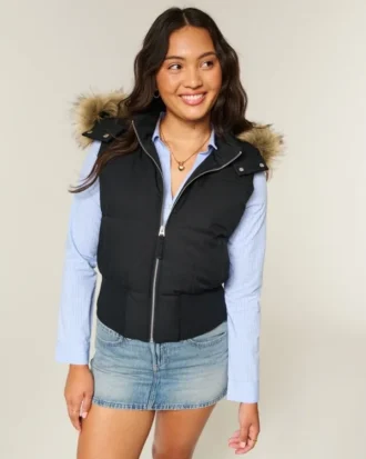 Faux Fur Trim Hooded Y2K Vest