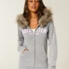 Faux Fur Trim Logo Graphic Zip-Up Hoodie