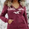 Faux Fur Trim Logo Graphic Zip-Up Hoodie