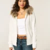 Faux Fur Trim Logo Graphic Zip-Up Hoodie