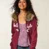 Faux Fur Trim Logo Graphic Zip-Up Hoodie