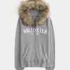 Faux Fur Trim Logo Graphic Zip-Up Hoodie
