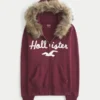 Faux Fur Trim Logo Graphic Zip-Up Hoodie