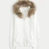 Faux Fur Trim Logo Graphic Zip-Up Hoodie