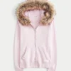 Faux Fur Trim Zip-Up Hoodie