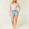 High-Rise Distressed Light Wash A-Line Denim Shorts High-Rise Distressed Light Wash A-Line Denim Shorts