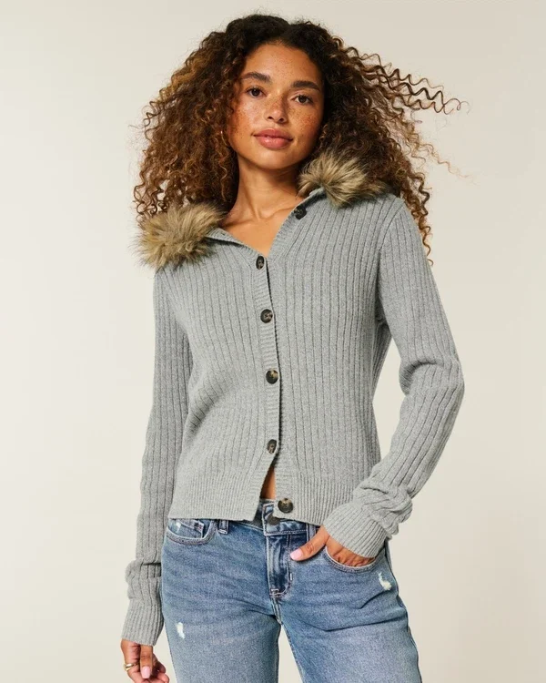 Hooded Faux Fur Trim Cardigan Hooded Faux Fur Trim Cardigan