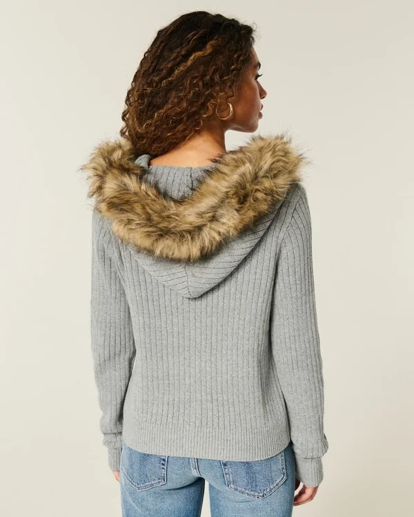 Hooded Faux Fur Trim Cardigan Hooded Faux Fur Trim Cardigan