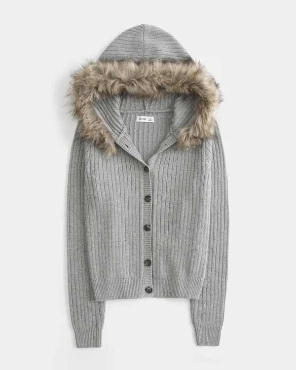Hooded Faux Fur Trim Cardigan Hooded Faux Fur Trim Cardigan
