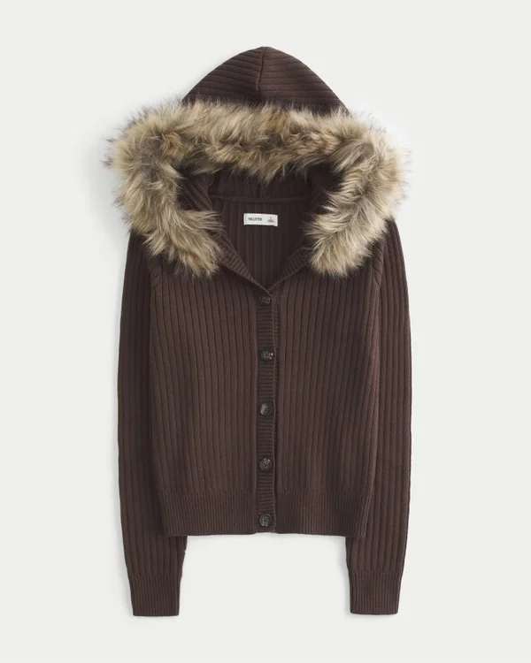 Hooded Faux Fur Trim Cardigan Hooded Faux Fur Trim Cardigan