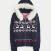 Hooded Faux Fur trim Fair Isle Zip-Up Sweater Hooded Faux Fur trim Fair Isle Zip-Up Sweater