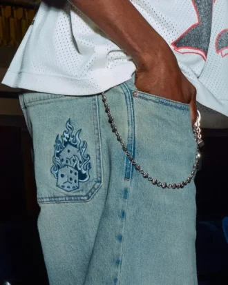 Light Wash Embroidered Dice Skater Baggy Jeans