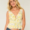 Linen-Blend Tie-Front Peplum Top