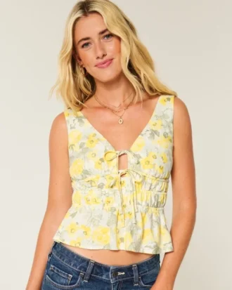Linen-Blend Tie-Front Peplum Top
