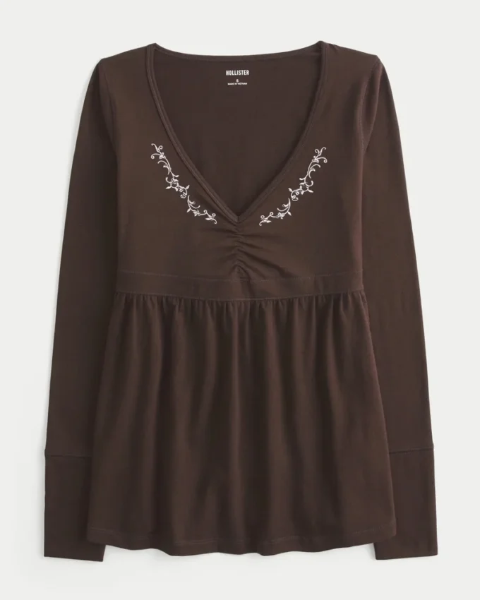 Long-Sleeve Pinch Bust Babydoll Top