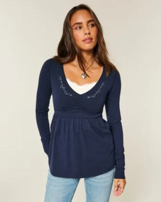Long-Sleeve Pinch Bust Babydoll Top