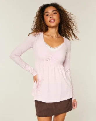 Long-Sleeve Pinch Bust Graphic Babydoll Top