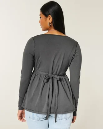 Long-Sleeve Pinch Bust Graphic Babydoll Top