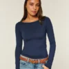 Long-Sleeve Seamless Fabric Slash-Neck Top