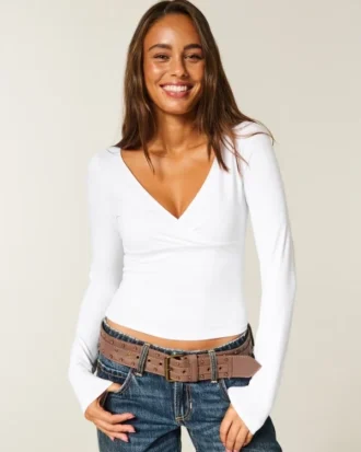 Long-Sleeve Seamless Fabric Wrap Top