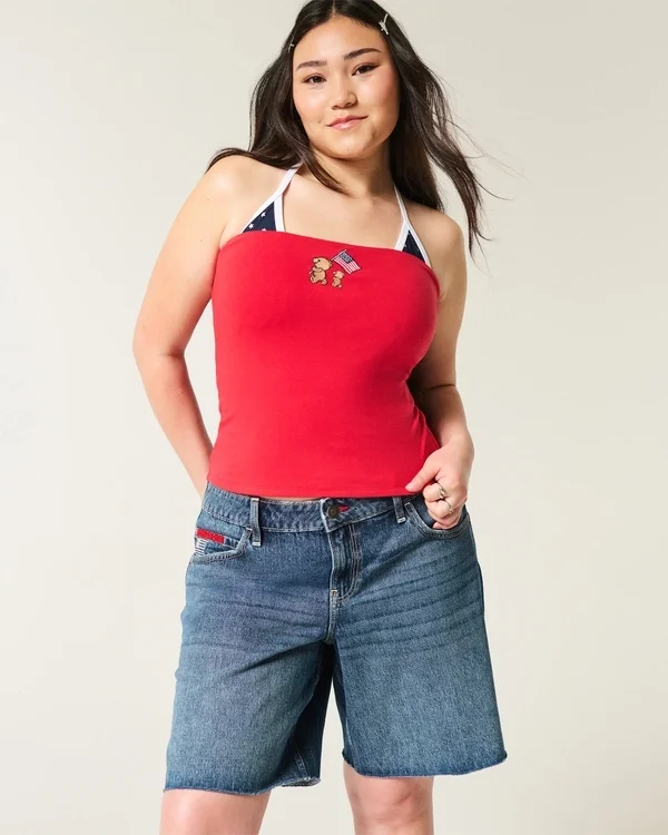 Low-Rise Dark Wash American Flag Graphic Baggy Jort Low-Rise Dark Wash American Flag Graphic Baggy Jort