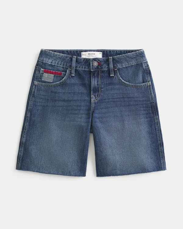 Low-Rise Dark Wash American Flag Graphic Baggy Jort Low-Rise Dark Wash American Flag Graphic Baggy Jort