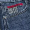 Low-Rise Dark Wash American Flag Graphic Baggy Jort Low-Rise Dark Wash American Flag Graphic Baggy Jort
