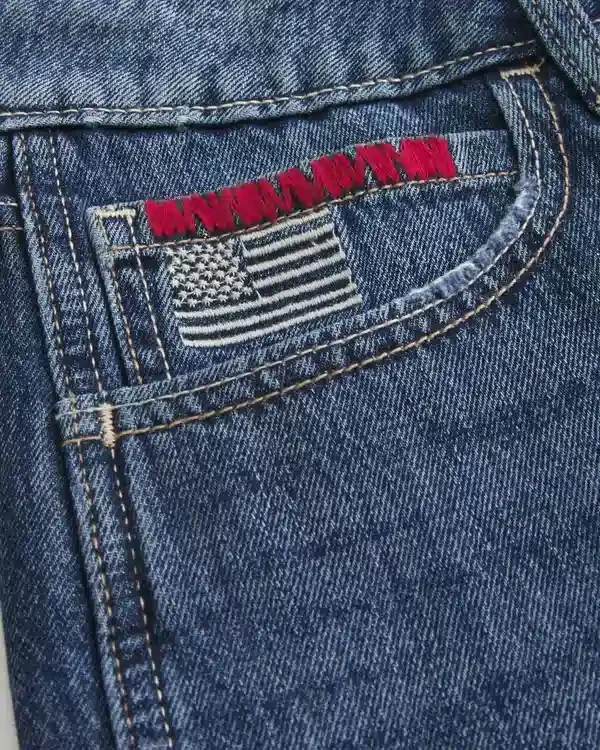 Low-Rise Dark Wash American Flag Graphic Baggy Jort Low-Rise Dark Wash American Flag Graphic Baggy Jort