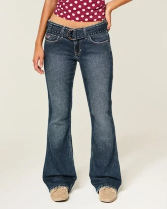Low-Rise Dark Wash Belted Bootcut Jeans
