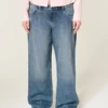 Low-Rise Dark Wash Floral Embroidery Baggy Jeans