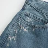 Low-Rise Dark Wash Floral Embroidery Baggy Jeans