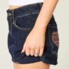 Low-Rise Dark Wash Plaid Pocket Denim Mini Skort Low-Rise Dark Wash Plaid Pocket Denim Mini Skort