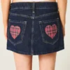 Low-Rise Dark Wash Plaid Pocket Denim Mini Skort Low-Rise Dark Wash Plaid Pocket Denim Mini Skort