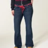 Low-Rise Dark Wash Red Tie Waist Bootcut Jeans