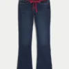 Low-Rise Dark Wash Red Tie Waist Bootcut Jeans
