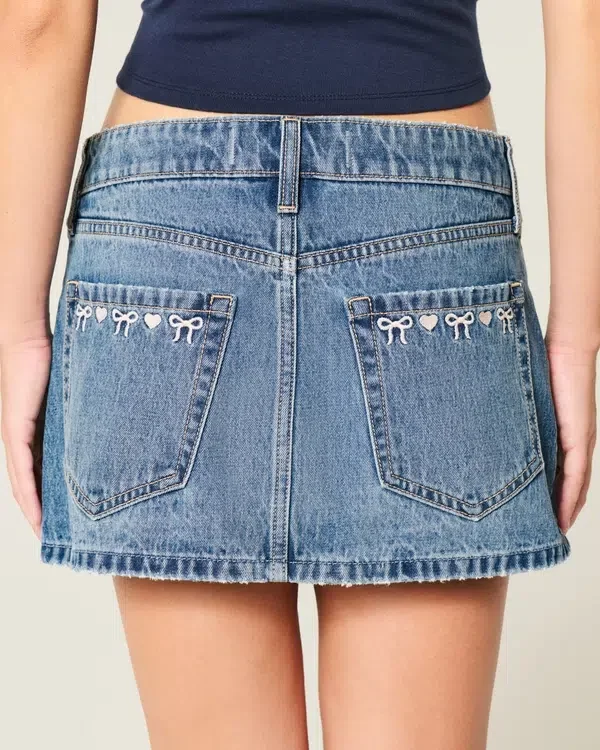 Low-Rise Embroidered Bow Denim Mini Skort Low-Rise Embroidered Bow Denim Mini Skort