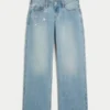 Low-Rise Light Wash Chain Embroidery Baggy Jeans