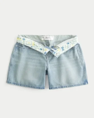 Low-Rise Light Wash Foldover Waist Baggy Denim Shorts 5″