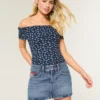 Low-Rise Medium Wash Flag Embroidered Denim Mini Skort