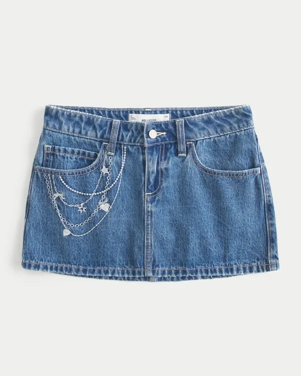 Medium Wash Embroidered Chain Denim Mini Skort Medium Wash Embroidered Chain Denim Mini Skort