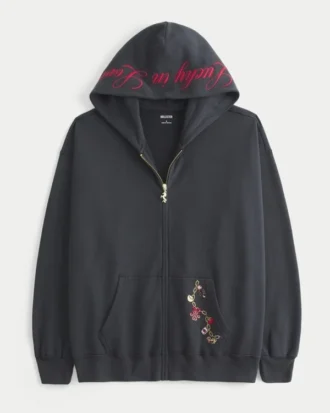 Oversized Zip-Up Lucky in Love Graphic Hoodie