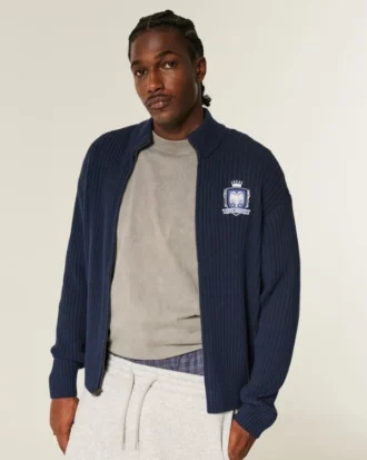 Relaxed Zip-Up Emblem Sweater